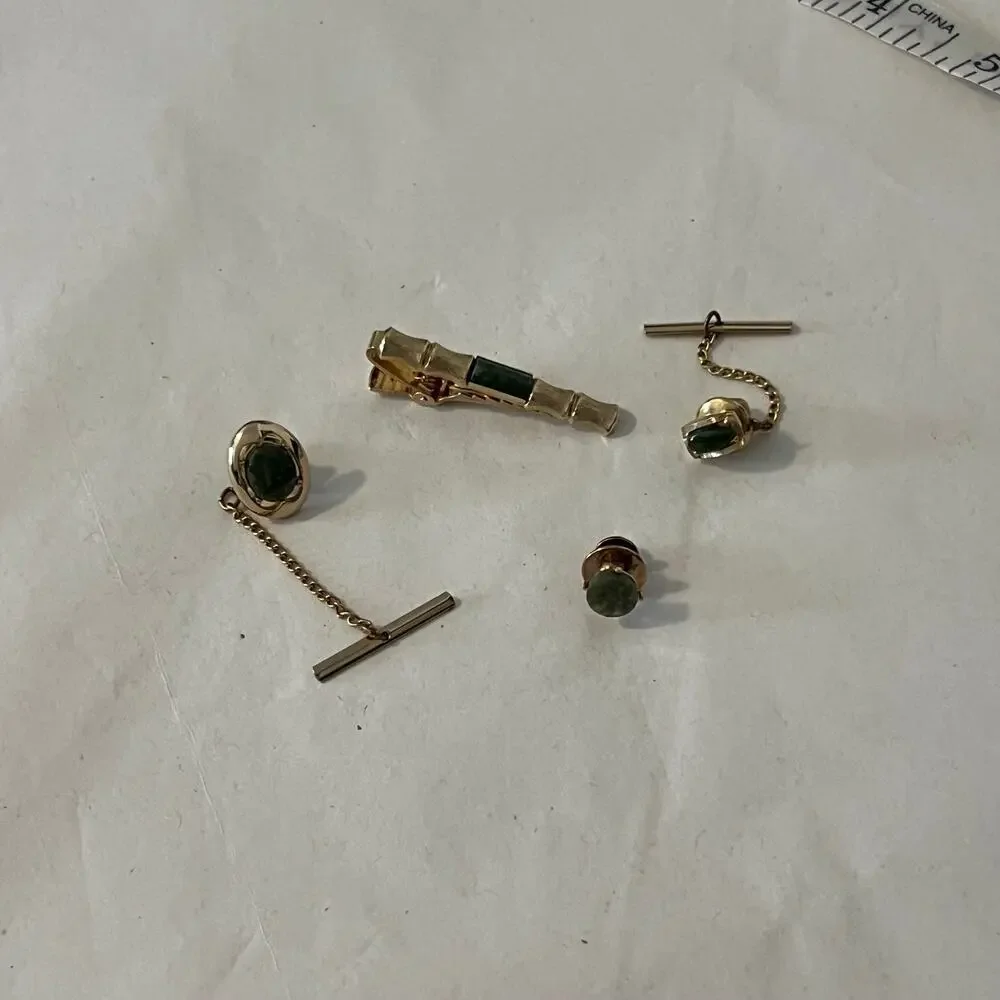 Tie Tacks Jade Yellow Gold plated tie tacks and lapel pin